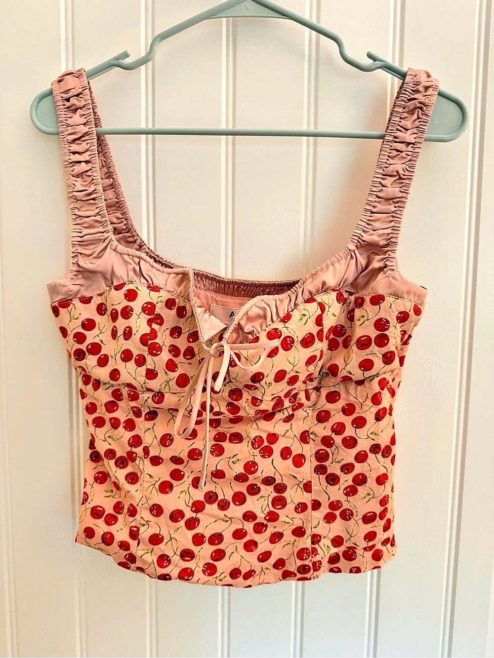 ASTR The Label Milkmaid Top Cherry Print Crop Top Pink & Red